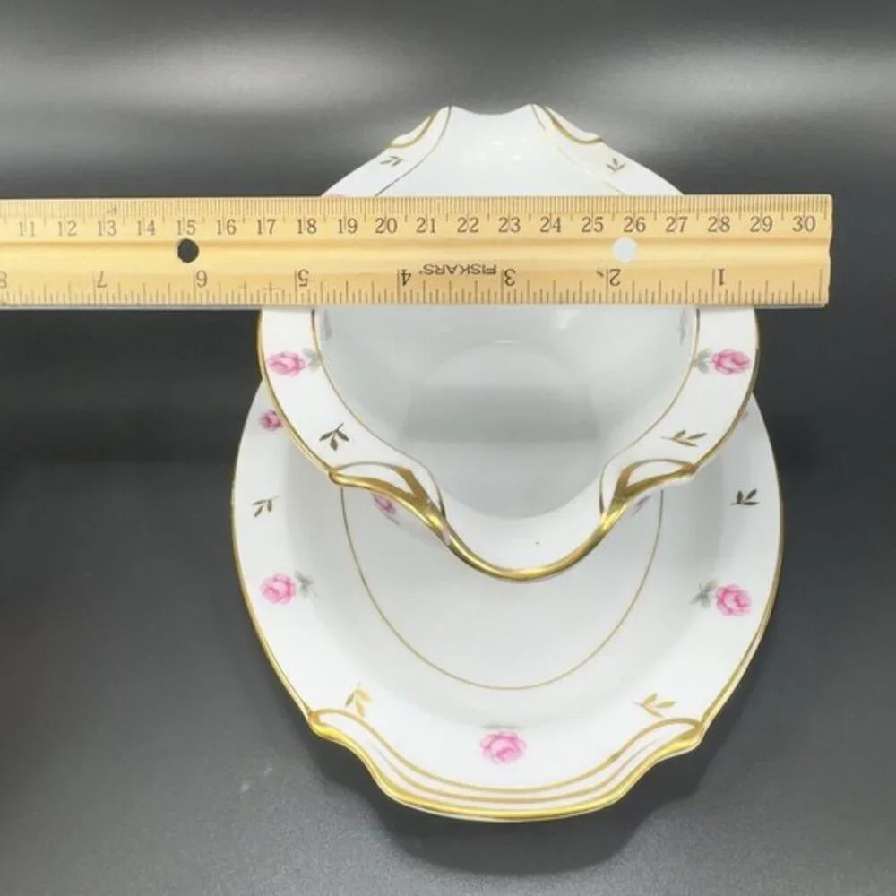 Noritake Rosalie Gravy Boat with Attached UnderPlate Sauce‎ Dish Porcelain Japan